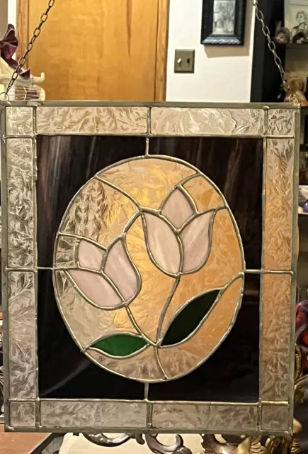 Vintage Tulip Stained Glass Window Color Pane Slag Lead Glass