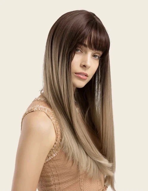 Perruque Longue Lisse Brun Châtain Avec Frange - Synthétique, Bonnet Moyen + 4 Bonnets Offerts