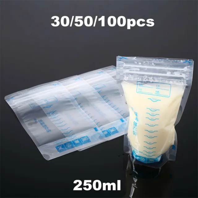 30~100pcs Pre-Sterilised BPA FREE Baby Breast Milk Storage Bags Pouches 250ML DM
