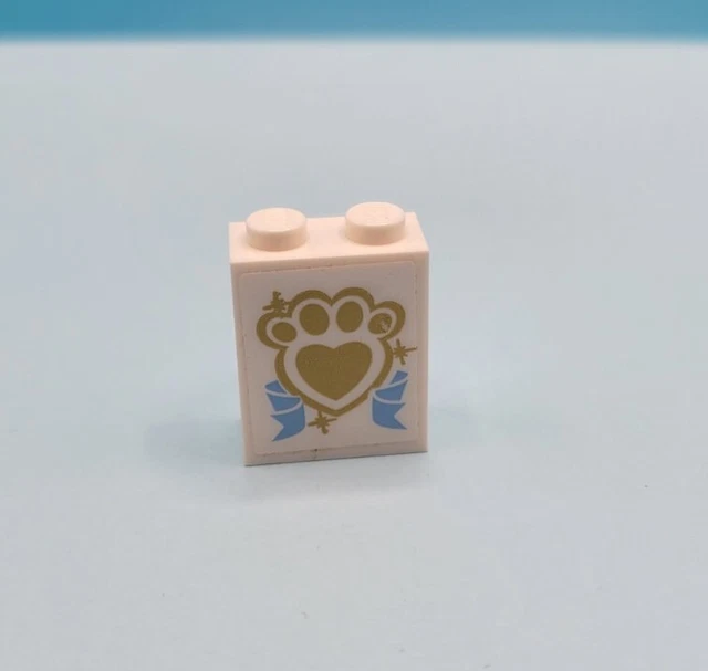 Lego Part 3245cpb040 White 1x2x2 Brick Gold Paw Print Heart Decal