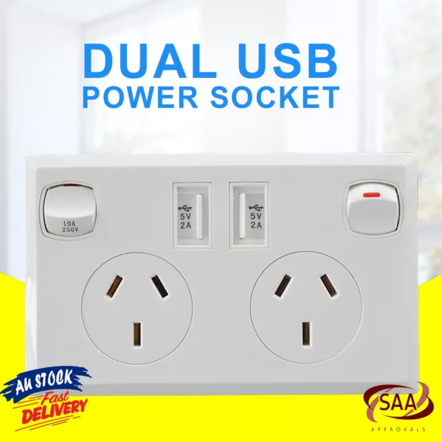 Dual USB Home Wall Supply Australian Power Kit Point Socket SAA Approval Switch