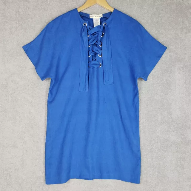 Mara Hoffman Dress XS Short Organic Linen Lace Up Cobalt Blue Short Sleeve Shift