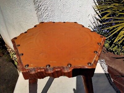 VINTAGE HEXAGONAL RUSTIC WOODEN TRIPOD STOOL with EMBOSSED LEATHER TOP 4