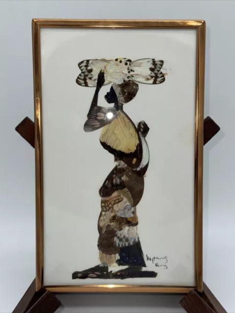 African Artist Alpheus Bonga Signed Dried Butterfly Art 9”x5.5” Framed Vintage
