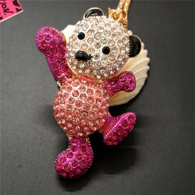 New Holiday gifts  Beautiful Pink Bling Cute Bear Crystal Sweater Chain Necklace
