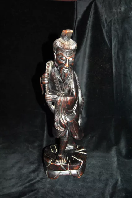 ANTIQUE CHINESE  LARGE ROSEWOOD? HAND CARVED STATUE OF FISHERMAN 19c?