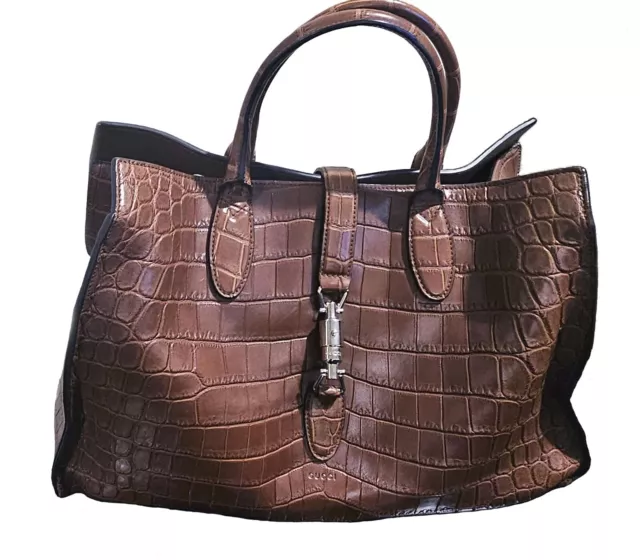 Gucci Brown Crocodile Large Jackie Soft Tote Silver Hardware w/ Matching Wallet