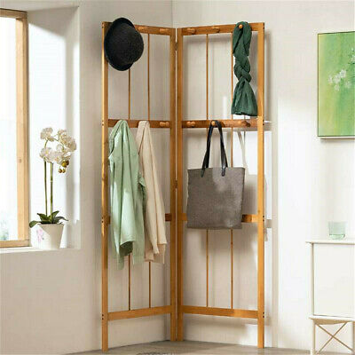 Folding Bamboo Coat Stand Corner Garment Rack Clothes Rail Wall Hanging Shelf US