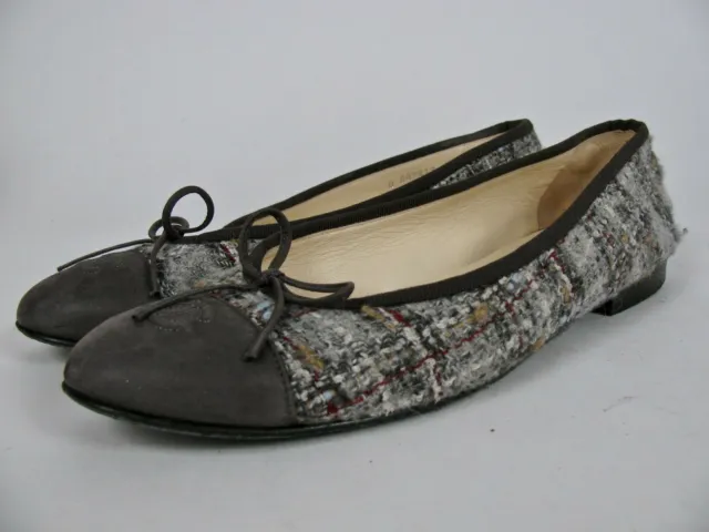 CHANEL BALLERINAS FLATS Shoes Grey Tweed & Grosgrain Leather