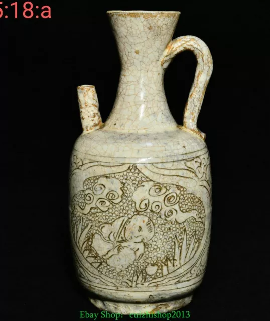 9.4'' Old Chinese Cizhou Kiln Porcelain Xiang Yun Tongzi Boy Wine Tea Pot Flagon