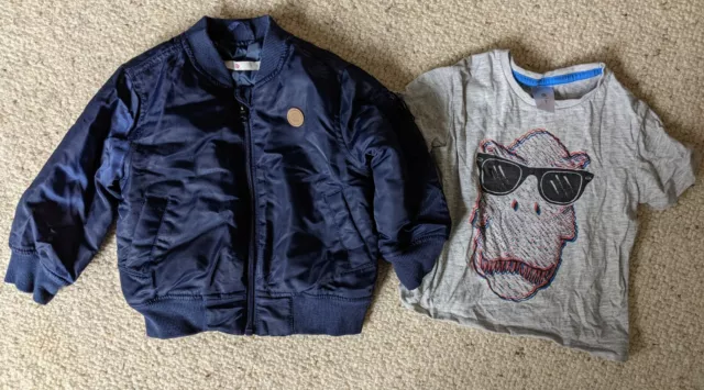 Lot of 2. Pre-owned Baby boys Target size 1 dinosaur top and blue bomber jacket