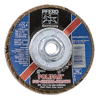 Polifan Flap Discs, 4 1/2 In, 50 Grit, 5/8 Arbor, 13,300 Rpm Pferd PFERD 62952