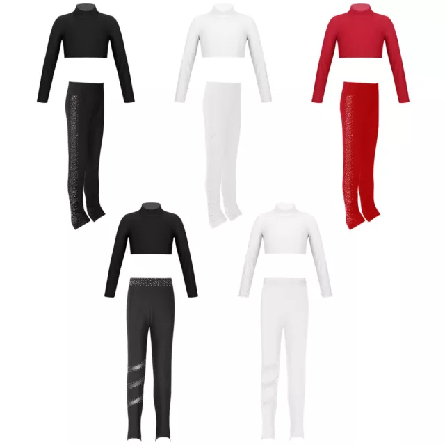 Kids Girls Shirts Sparkly Tracksuit Competition Sports Set Elastic Waistband