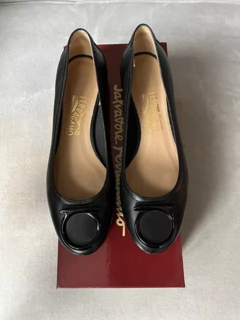 Salvatore Ferragamo Black Gancini Buckle Varina Bow Flats Shoes 6.5 C New