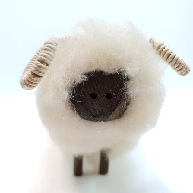 Small Real Wool Ram Sheep Figurine Brown Wooden Face And Legs Handmade Unboxed