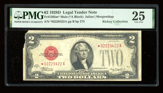 DBR 1928-D $2 Legal MULE STAR Fr. 1505m* PMG 25 Serial *02229422A