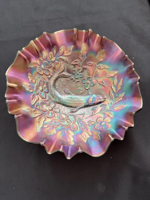 Millersburg Super Amethyst Trout and Fly 3 In 1 Edge 9" Carnival Glass Bowl