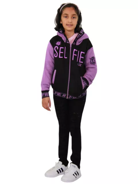Kids Girls Jackets #Selfie Embroidered Lilac Zipped Top Hooded Hoodie 5-13 Years