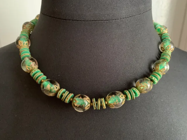 Precioso Vintage Murano Collar - Verde & Oro Cuentas de Cristal & Rodajas -