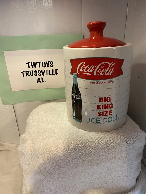 Coca Cola Big King Size Cold Red And White Ceramic Cookie Jar With Lid 9.25”👍