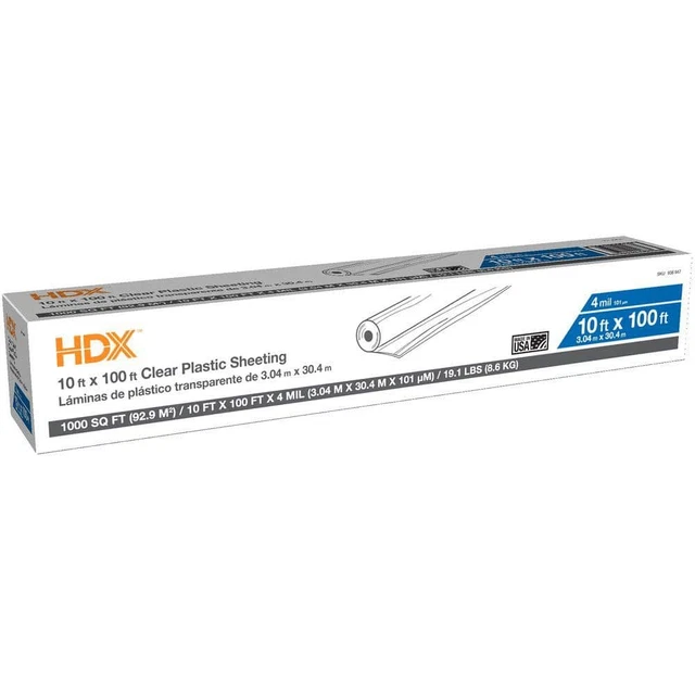 HDX 10 Ft. X 100 Clear 4 Mil Plastic Sheeting, Painter Drop Cloth Roll