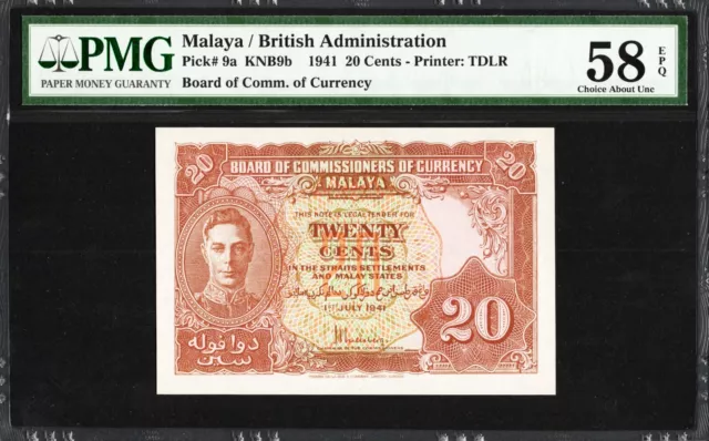 Malaya British Administration 20 Cents P9a 1941 PMG58 Choice aUNC Banknote KING