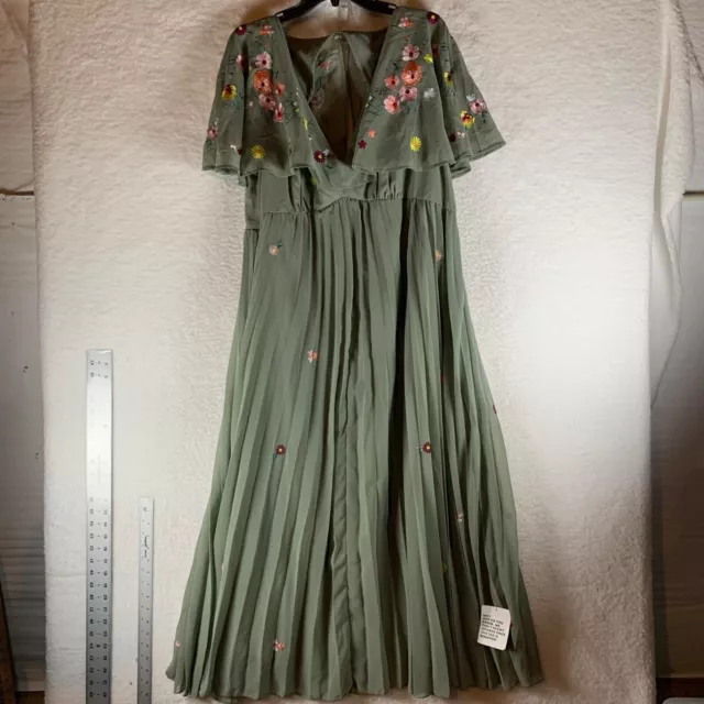 Asos Design Women's Green V-neck Angel Sleeve Pleat Midi Dress Size 16 NWOT 9144