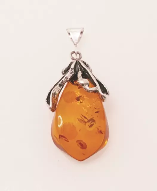 Fabulous Sparkling Real Baltic Amber Art Nouveau Pendant 925 Silver #19667