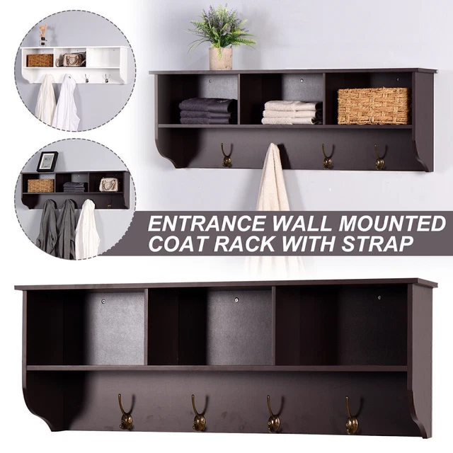 Entryway Wall Mounted Coat Rack 4 Dual Hooks Living Room Wooden Storage Shelf