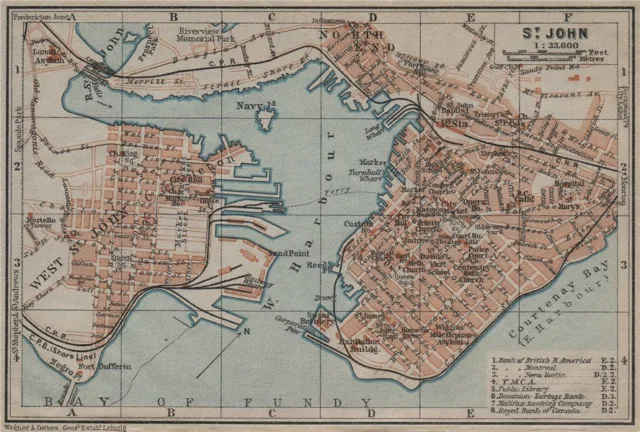 ST. JOHN, New Brunswick. town city plan. Canada. BAEDEKER 1922 old vintage map