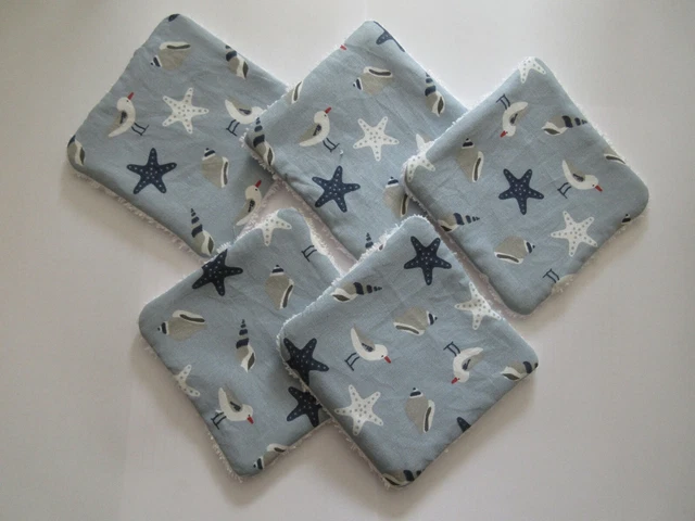 Lot de 5 lingettes lavables, motif marin