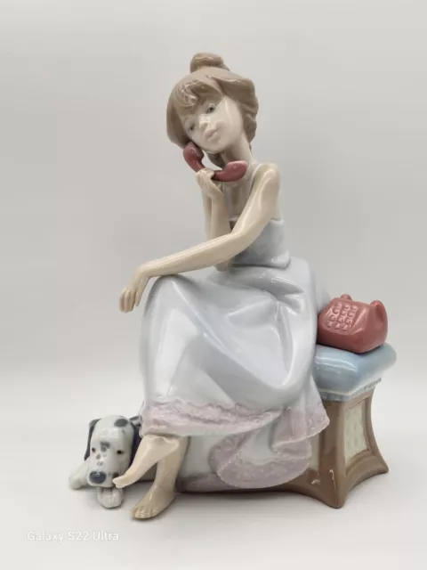 Vintage Lladro #5466 "Chit Chat" Girl Talking On Phone W/Dog Porcelain Figurine!