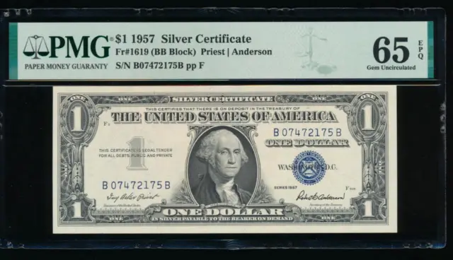 AC 1957 $1 Silver Certificate PMG 65 EPQ B-B KEY BLOCK Fr 1619