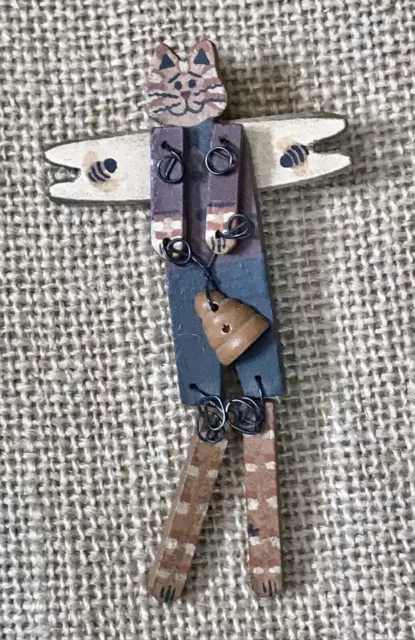 Novelty Rustic Folk Art Angel Cat Pin w Hinged Arms And Legs Holding Beehive
