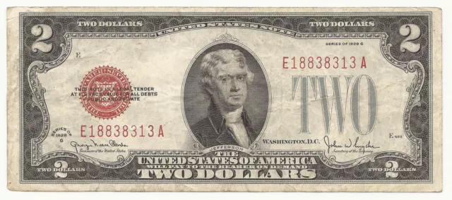 1928-G $2 Two Dollar Bill Red Seal United States Note VG/FINE FREE SHIPPING