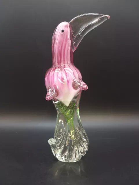 Vintage hand blown art glass toucan pink, white and green bird figure