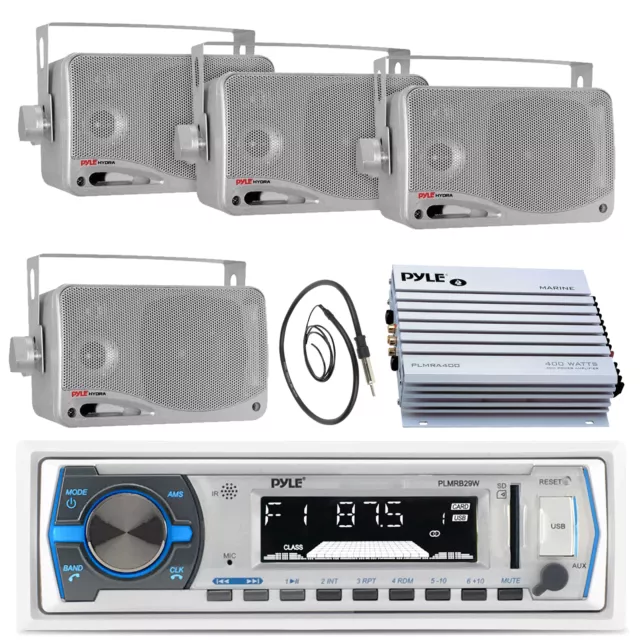 Pyle 3.5" Box Marine Speakers, 400W Amp, PLMRB29W Marine AUX USB Radio, Antenna