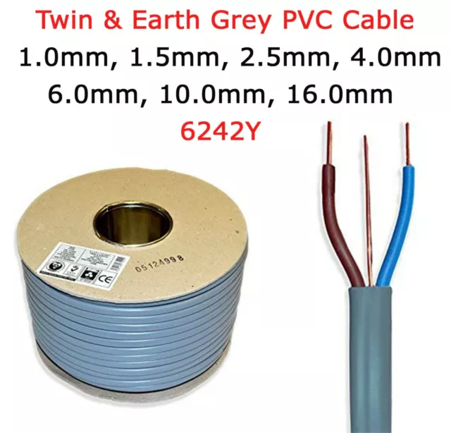 TWIN AND EARTH CABLE LIGHTING SOCKET WIRE WIRING T&E GREY 1.5mm 2.5mm 6mm  10mm 4