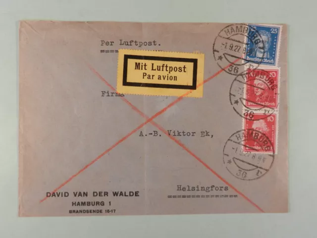 Dt. Reich Auslands-Luftpostbrief MIF, Hamburg 36 nach Helsingfors 1927