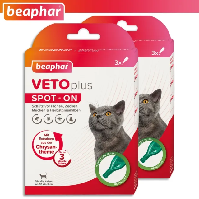 Beaphar 2 Pacco À 3 X 1ml Vetoplus Spot-On Anti Parassiti Gatti Da 12 Settimane