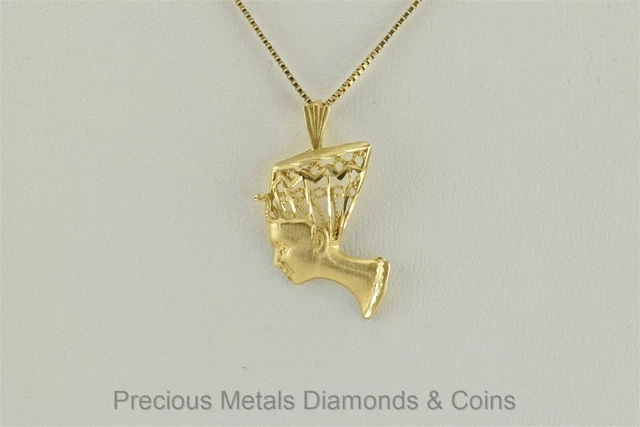 14k Yellow Gold 28mm x 16mm Satin Egyptian Goddess Nefertiti w/ 18.5" Chain