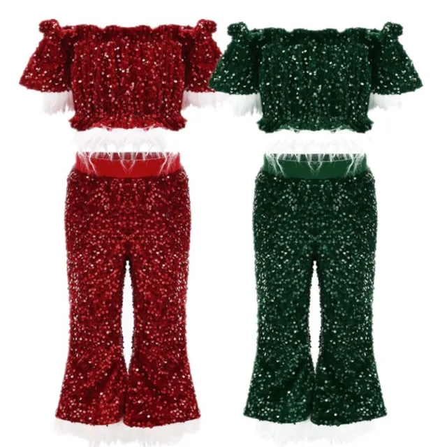 Paillettes lucide per bambine costumi natalizi peplum crop top campana abiti inferiori