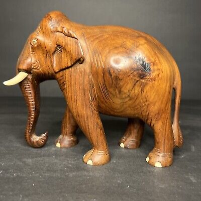 Vintage Elephant Statue Carved Hard Wood Solid Sculpture Figurine 5”tall