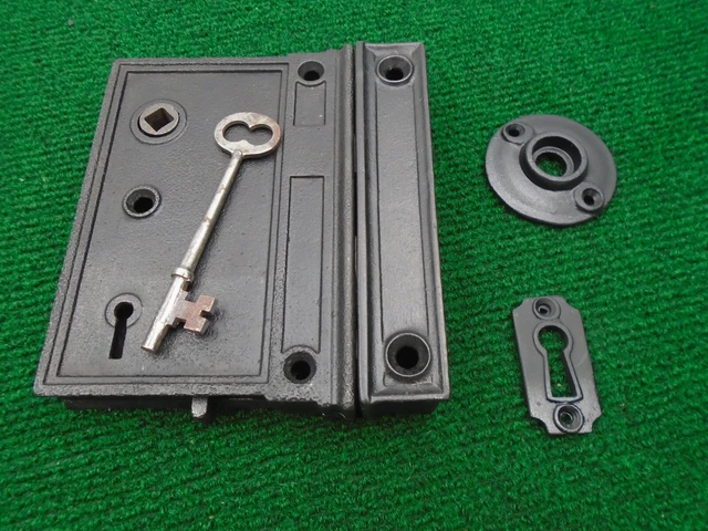 LARGE 5& RHC VERTICAL CIRCA 1890 RIM LOCK w/KEY, KEEPER & ESCUTCHEONS ...