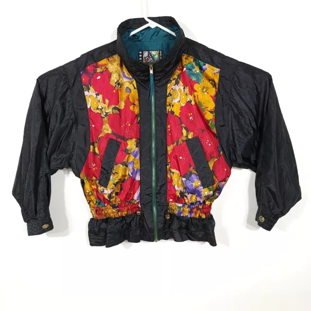 River Edge Sport Womens S Black Floral Windbreaker Jacket Retro Vintage 80s/90s