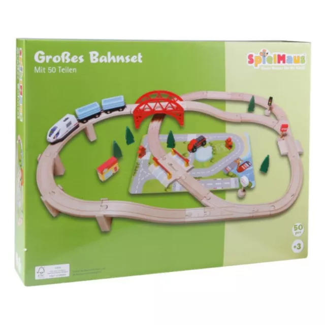 Holzeisenbahn Starter Set 50 tlg. mit Batterielok Holz elektrische Eisenbahn NEU