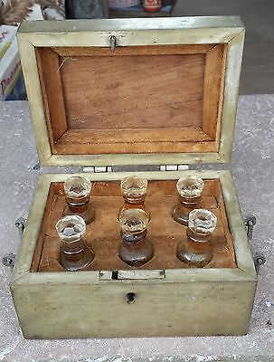 Antique Old Original Hand Carved Brass Glass Perfume Bottle Box With 6 Bottles