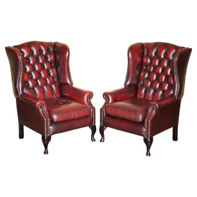 Ancienne Aile Club Aile De Cheminée Sièges Chesterfield Cuir Marron, Restaurée, Style Antique Laiton