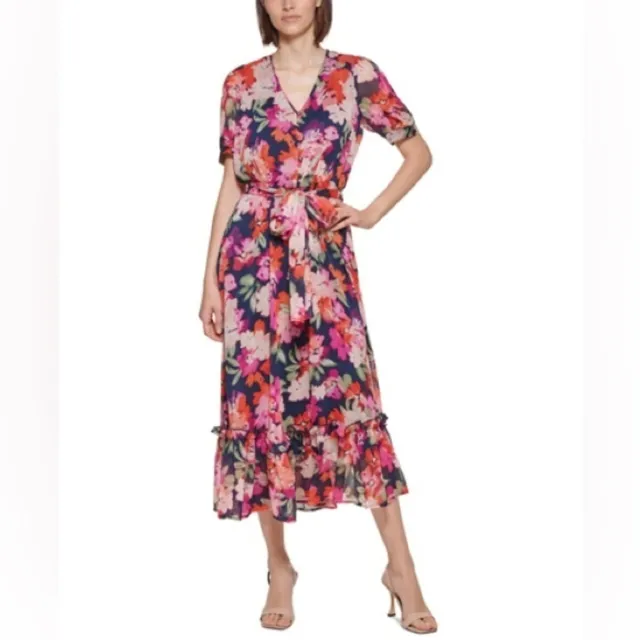 Calvin Klein Floral-Print Belted MIDI Dress Size 8