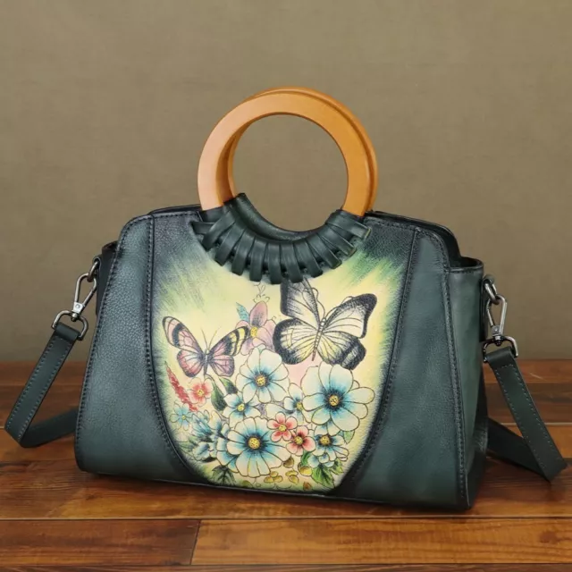 Hand Painted Butterfly Women Genuine Leather Handbags Purses Retro Shoulder Bag 3